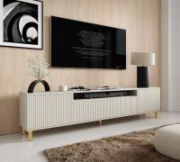 Meuble TV / Cachemire / Système « push-to-open » / 2 portes battantes / 1 porte basculante / Dimensions : 200 x 40 x 54 cm / Pieds : Dorés / 4 compartiments / Meuble TV