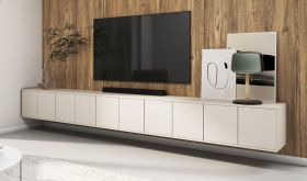 Armoire TV / Cachemire / Fonction Push-to-open / 10 portes / 20 compartiments / 350 x 40 x 40 cm / Peut être monté en position suspendue ou debout / Meuble TV