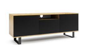 Meuble TV contemporain 150 cm | Chêne Artisan & Noir | 3 portes | Pieds métal | 4 compartiments | Passe-câbles