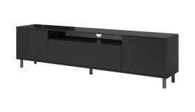 Meuble TV suspendu / Meuble TV Zapopan 117, quatre compartiments, Couleur : Noir, Dimensions : 42 x 180 x 40 cm, un trou pour le câble, Fonction push-to-open, trois portes