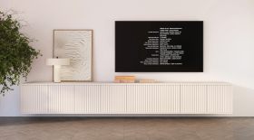 Meuble TV suspendu / Cachemire / 8 portes battantes / 8 compartiments / 280 x 40 x 40 cm / Fonction push-to-open / Design à lamelles / Pour le salon / Meuble TV