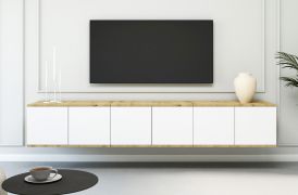 Meuble bas TV / Couleur : Chêne Artisan / Blanc / Fonction Push-to-open / 6 portes / 12 compartiments / 210 x 40 x 40 cm / Finition de haute qualité / Tableau TV