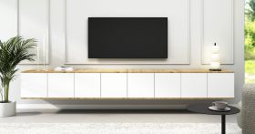 Commode TV / Couleur : Chêne Artisan / Blanc / Fonction Push-to-open / 8 portes / 16 compartiments / 280 x 40 x 40 cm / Finition de haute qualité / Meuble bas TV