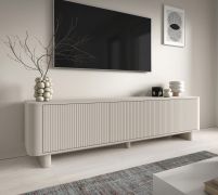 Meuble bas TV / Cachemire / 3 portes basculantes / 3 compartiments / Fonction Push-to-open / Dimensions : 200 x 40 x 54 cm / Peut être monté sur pieds ou suspendu / Design à lamelles