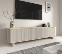 Meuble TV / Couleur : Cachemire / Chêne Vicenza / 3 portes basculantes / 3 compartiments / Fonction push-to-open / Dimensions : 200 x 40 x 54 cm / Peut être monté sur pieds ou suspendu