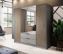 Armoire 2 tiroirs Leeds 20 | Gris contemporain | 200 x 206 x 51 cm | 4 portes battantes | 2 miroirs