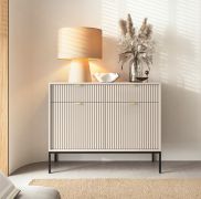 Commode moderne avec deux tiroirs Worthing 65, couleur : cachemire, deux portes, pieds : noir, quatre compartiments, protection des bords ABS, Dimension : 83 x 104 x 39 cm