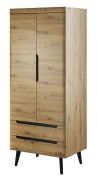 Armoire 2 tiroirs Polmadie 11 | Chêne artisan & noir | 197 x 80 x 56 cm | Rangement spacieux
