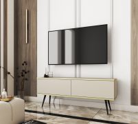 Meuble TV bas Horsham 30 | Beige élégant | Pieds noirs en métal | Push-to-open | 2 abattants | 135 cm