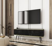 Meuble TV suspendu design marbre noir | Fonction push-to-open | Horsham 28 | 2 compartiments à clapet | Protection ABS