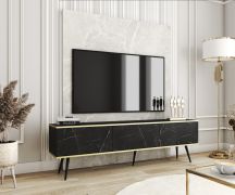 Meuble TV moderne marbre noir | 2 compartiments basculants | Fonction push-to-open | Horsham 33 | Finition haut de gamme