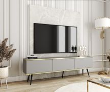 Meuble TV long Horsham 36 gris | 3 abattants | Push-to-open | Suspendu ou sur pieds noirs | 175 cm