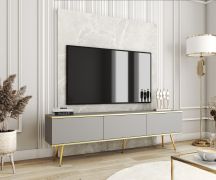 Meuble TV mural Horsham 54 gris | 3 abattants push-to-open | Pieds dorés | Protection ABS | 175 cm