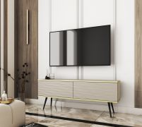 Meuble TV suspendu beige | Fonction push-to-open | Pieds noirs | 2 portes basculantes | Horsham 21