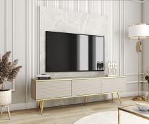 Meuble TV design Horsham 43 | 3 portes basculantes | Beige strié & pieds dorés | Push-to-open