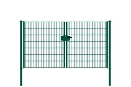 Portail à double battant en treillis métallique, largeur de passage: 264 cm, largeur totale avec poteaux: 276 cm, Finition: revêtement vert, Hauteur: 143 cm, Poids: 53,77 kg
