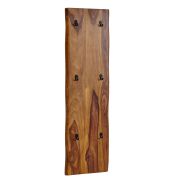 Porte-manteau mural en bois massif Sheesham | 140 x 40 x 7 cm | Finition naturelle | 6 crochets métal noir