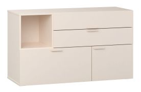 Commode avec 3 tiroirs / 1 compartiment ouvert / Fonction soft-close / Couleur : Beige / 2 compartiments / Poignées : Beige / Dimensions : 120 x 42 x 70 cm / 1 porte