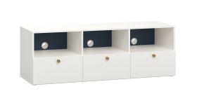 Meuble TV Aenna 101 | 3 passe-câbles | Blanc/Indigo | Design moderne | 151 x 51,5 x 46,5 cm | Poignées chêne