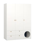 Armoire penderie 3 portes Aenna 11 | Blanc / Indigo | 4 tiroirs, 2 tringles, 6 compartiments | 202,5 x 151 x 60 cm