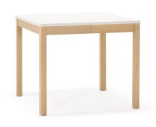Table de salle à manger à ralonge / Couleur : Blanc albâtre / Hêtre / Aspect naturel / Cadre en bois / Carré / Extensible jusqu'à 130 cm / Dimensions : 90 x 90 cm