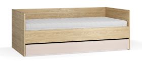 Lit de jour / Lit d'appoint / Couleur : Chêne / Beige / Sommier à lattes avec élévateur / Surface de couchage : 90 x 200 cm / Protection des chants ABS / Coffre de lit pour linge de lit
