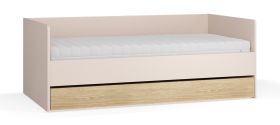 Lit de jour / Lit d'appoint / Couleur : Beige / Chêne / Sommier à lattes élévateur inclus / Surface de couchage : 90 x 200 cm / Coffre de lit pour linge de lit / Protection des bords ABS