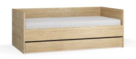 Lit de jour avec couchage supplémentaire / Couleur : Chêne / Sommier à lattes élévateur inclus / Surface de couchage : 90 x 200 cm / Lit d'appoint / Coffre de rangement pour les draps