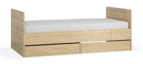 Lit simple / 2 tiroirs / Agrandissable / Couleur : Chêne / Surface de couchage : 90 x 160 - 200 cm / Sommier à lattes élévateur inclus / Coffre de lit