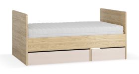 Lit simple Agrandissable / 2 tiroirs / Couleur : Chêne / Beige / Surface de couchage : 90 x 160 - 200 cm / Sommier à lattes avec élévateur / Coffre de rangement pour les draps