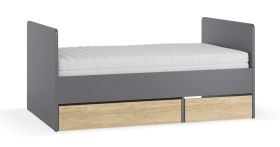 Lit simple / 2 tiroirs / Couleur : Graphite / Chêne / Surface de couchage : 90 x 160 - 200 cm / Agrandissable / Sommier à lattes avec élévateur / Coffre de rangement pour les draps