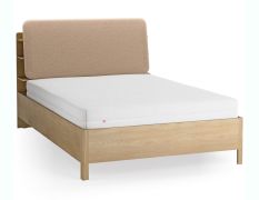 Lit double / Couleur : Chêne / Taupe / 140 x 200 cm / Appuie-tête rembourré / Sommier à lattes inclus / Quatre étagères ouvertes / Bac derrière le dossier