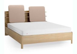 Lit double / Couleur : Chêne / Écru / Appuie-tête rembourré / Quatre étagères ouvertes / Bac derrière le dossier / 180 x 200 cm / Sommier à lattes inclus