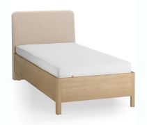 Lit simple / Couleur : Chêne / Beige / Chêne massif / Rembourrage de tête de lit douce / 90 x 200 cm / Lit d'appoint / Sommier à lattes inclus / Forme discrètement arrondie