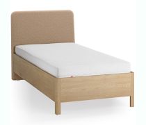 Lit simple / Couleur : Chêne / Taupe / Chêne massif / Rembourrage de tête de lit douce / 90 x 200 cm / Lit d'appoint / Sommier à lattes inclus / Forme arrondie discrète