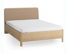 Lit double / Couleur : Chêne / Taupe / Chêne massif / 140 x 200 cm / Forme arrondie discrète / Lit d'appoint / Sommier à lattes Lift up inclus / Appuie-tête rembourré souple