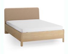 Lit double / Couleur : Chêne / Taupe / Chêne massif / 140 x 200 cm / Forme arrondie discrète / Lit d'appoint / Sommier à lattes inclus / Appuie-tête rembourré moelleux