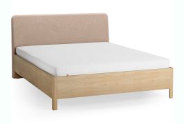 Lit double / 160 x 200 cm / Chêne massif / Couleur : Chêne / Écru / Forme arrondie discrète / Sommier à lattes Lift up inclus / Appuie-tête rembourré souple