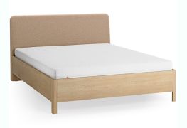 Lit double / 160 x 200 cm / Chêne massif / Couleur : Chêne / Taupe / Forme arrondie discrète / Sommier à lattes Lift up inclus / Appuie-tête rembourré souple