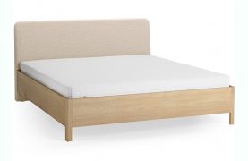 Lit double / Chêne massif / 180 x 200 cm / Couleur : Chêne / Beige / Appuie-tête rembourré en douceur / Sommier à lattes Lift up inclus / Forme arrondie discrète