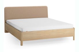 Lit double / Chêne massif / 180 x 200 cm / Couleur : Chêne / Taupe / Appuie-tête rembourré doux / Sommier à lattes inclus / Forme arrondie discrète