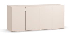 Buffet moderne 4 portes pliantes | 3 tiroirs | Beige et blanc | Soft-Close | 160 x 47 x 68,5 cm | Salon