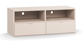 Meuble TV bas beige | 2 tiroirs soft-close | 2 compartiments | 120 x 47 x 46,5 cm | Passages de câbles intégrés