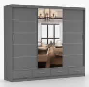 Armoire penderie 2,5 m | Lusatian 35 | Gris avec miroir | 7 étagères | 4 tiroirs | 3 portes | 218 x 250 x 61 cm