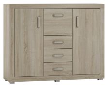 Commode design Lorengau 21 | Chêne Sonoma | 109 x 138 x 40 cm | 3 portes, 3 tiroirs, 4 étagères