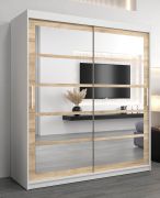 Armoire à portes coulissantes Aizkorri 04B avec miroir | Blanc mat & chêne Sonoma | 200 x 180 x 62 cm