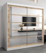 Armoire portes coulissantes Aizkorri 05B avec miroir | Blanc mat & chêne Sonoma | 200 x 200 x 62 cm