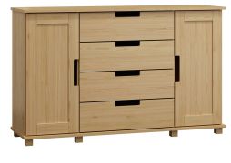 Commode en pin massif naturel 004 | 100 x 140 x 42 cm | 4 tiroirs, 2 portes | Rangement spacieux