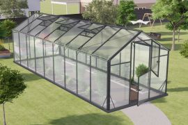 Serre - Serre Rucola L15, parois : verre trempé 4 mm, toit : 6 mm HKP multiparois, surface au sol : 14,10 m² - Dimensions : 640 x 220 cm (lo x la)