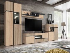 Salon moderne - Ensemble A Jordalsgrenda, 4 pièces, Couleur : Chêne / Noir, éclairage LED inclus, Fonction push-to-open, deux commodes, un meuble TV, une tablette murale